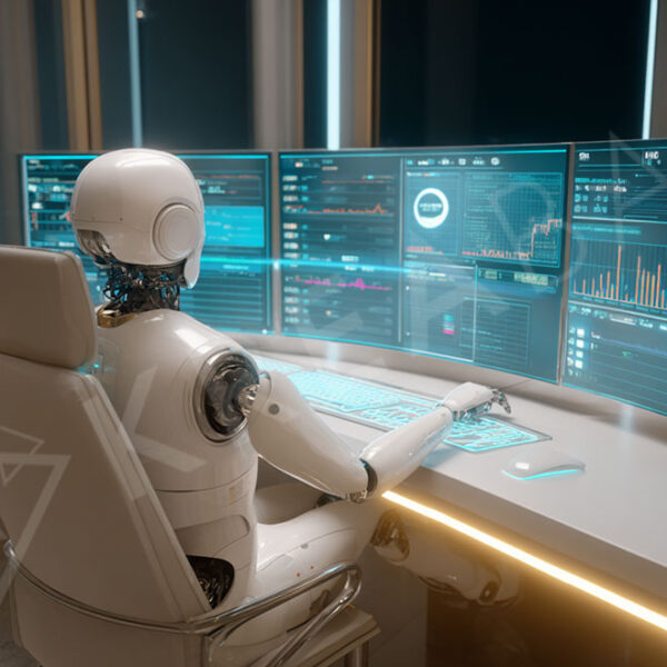 Robot operator in a white humanoid form sits at a glowing curved desk, monitoring multiple blue-lit dashboards and charts on five large screens.